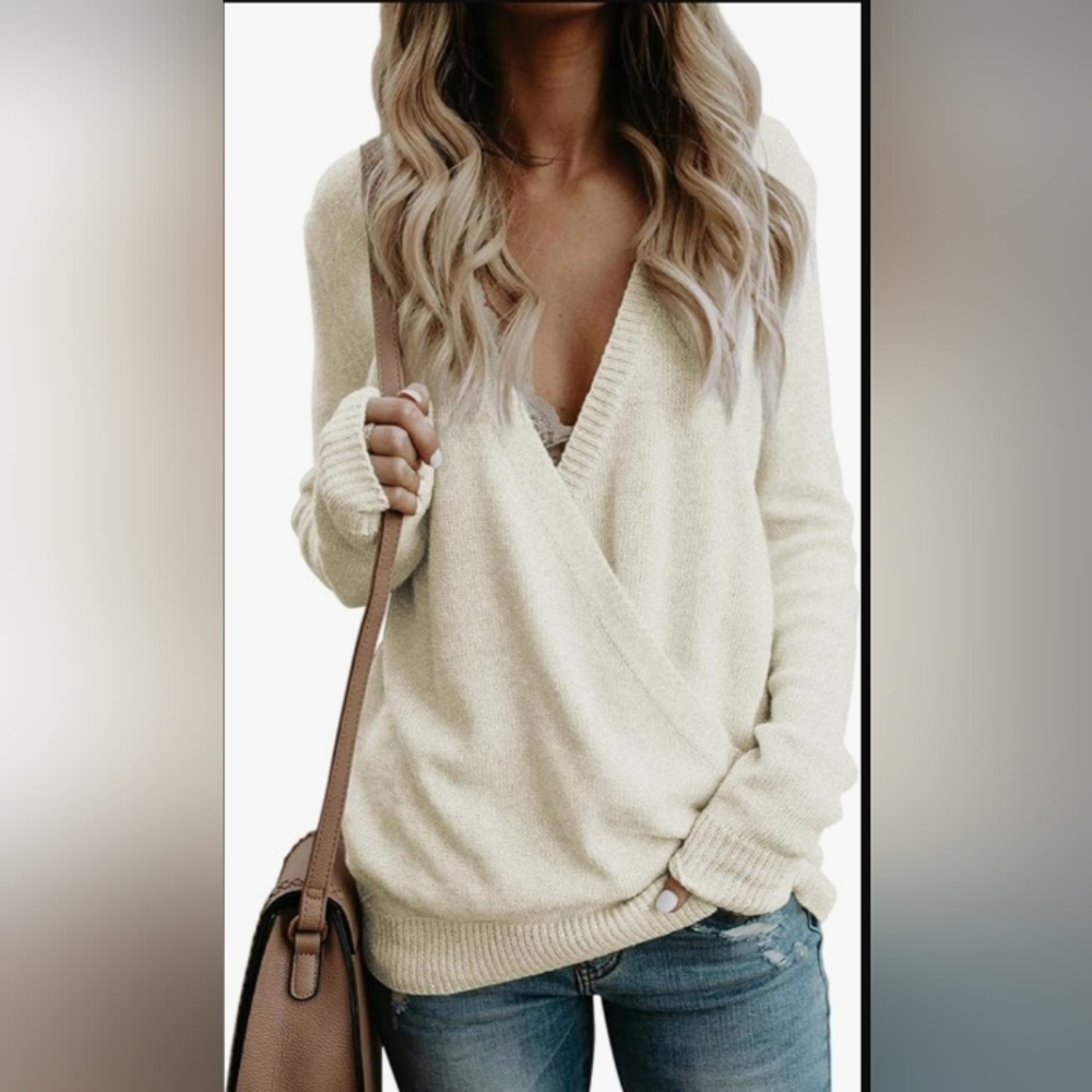 SOFTOME Women's Casual Long Sleeve Wrap Fall Sweater With V-NECK Cream Color L